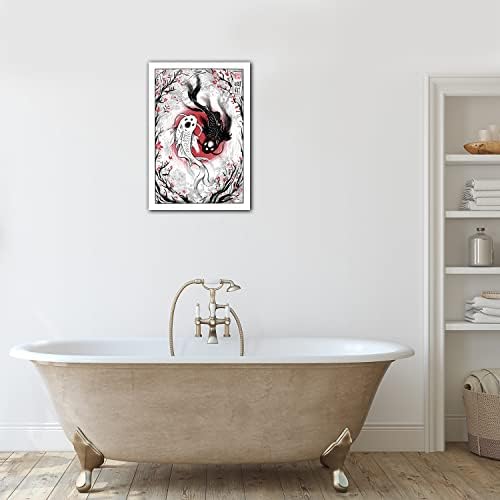 LEWSGDIYE Yin Yang Koi Hal Fali Dekoráció Fekete-Fehér Halak Piros Cseresznye Virágok Art Print Fürdőszoba Szobás Parasztház
