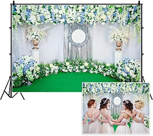 Yeele 10x8ft Esküvői Virágos Függöny Háttérben Kék Fehér Fény a Virágok Fehér Függöny Zöld Fű Fotózás Hátteret Romantikus