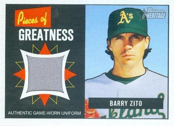 Barry Zito játékos kopott jersey-i javítás baseball kártya (Oakland Athletics) 2005 Bowman Örökség Darab Nagyság PGBZ -