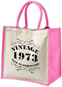 50 Születésnapi Táska Ajándék Nőknek - Újrahasznosítható Pamut, Juta Váll táska Bevásárló - Vintage 1973 - FUKSZIA-S