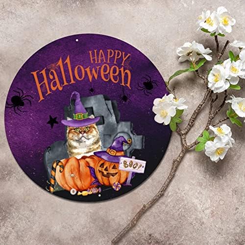 Kerek Fém Tábla Emléktábla Boldog Halloween Sütőtök Macskák Halloween Koszorú Jel Fém Művészi Nyomatok Rozsdás Fal Jel Pub