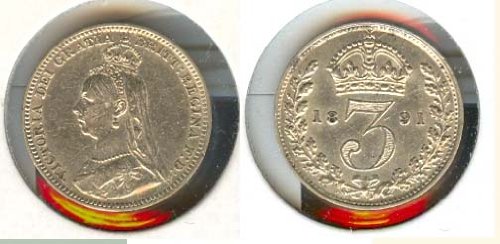 Egyesült Királyság Ezüst Érme-én Kelt 1891: Három Penny a Kép Viktória Királynő