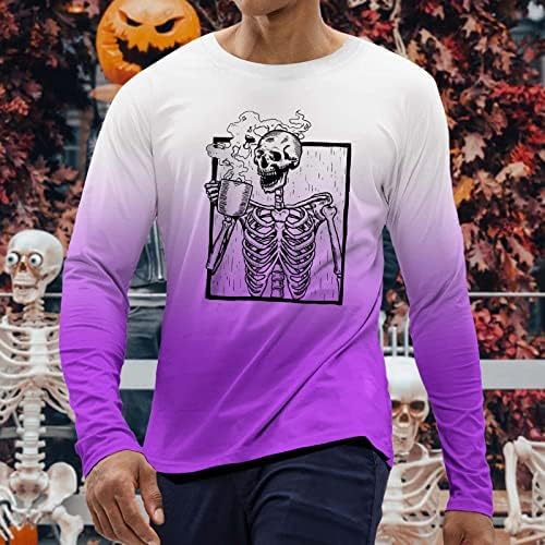 ZDDO Halloween T-shirt Mens Hosszú Ujjú Vicces Csontváz Nyomtatás Gradiens Fél Póló Slim Fit Muscle Sport Póló Maximum Karnevál