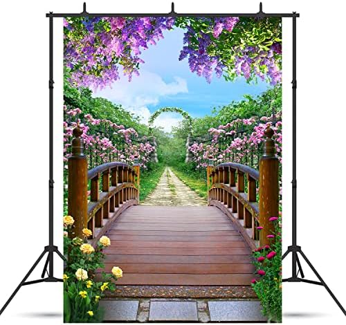 PHMOJEN Színes Virágok Fotózás Hátteret, Fából készült Híd Virágos Kert Háttér Vinil 5x7ft fotózás Kellékek HXPH010