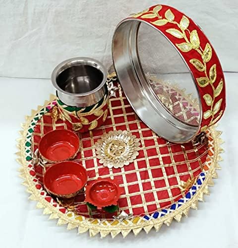 Rozsdamentes Acél Kézzel Kell Patti Munka Karwa Chauth 5 Db Dekoratív Pooja Thali. a Karwa Chauth, valamint Diwali az Indiai