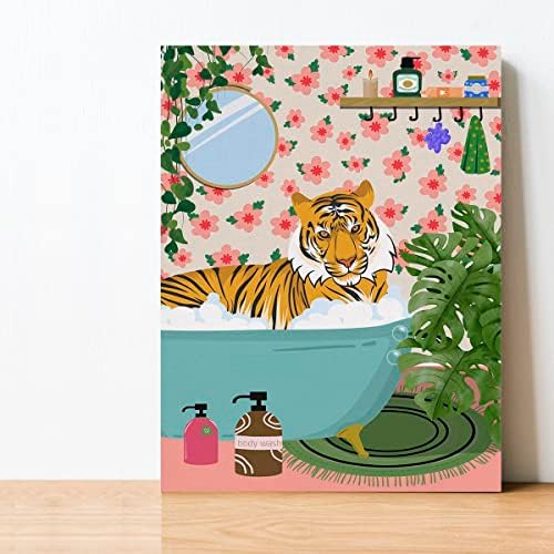 Tigris a Fürdőkádban, Vászon Posztert, Festményt, Fürdőszoba Wall Art, Botanikus Dzsungel Tigris Kép, Grafika, Keretezett
